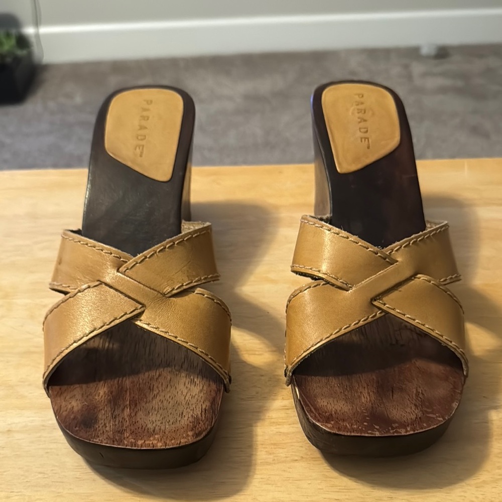 Tan Leather Mules with Crisscross Straps